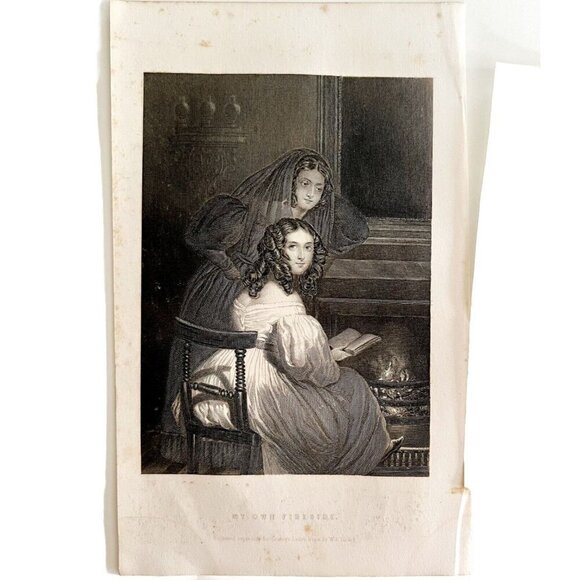 Reading By The Fireplace Engraving 1859 Victorian My Own Fireside Art DWY5G - Picture 2 of 2
